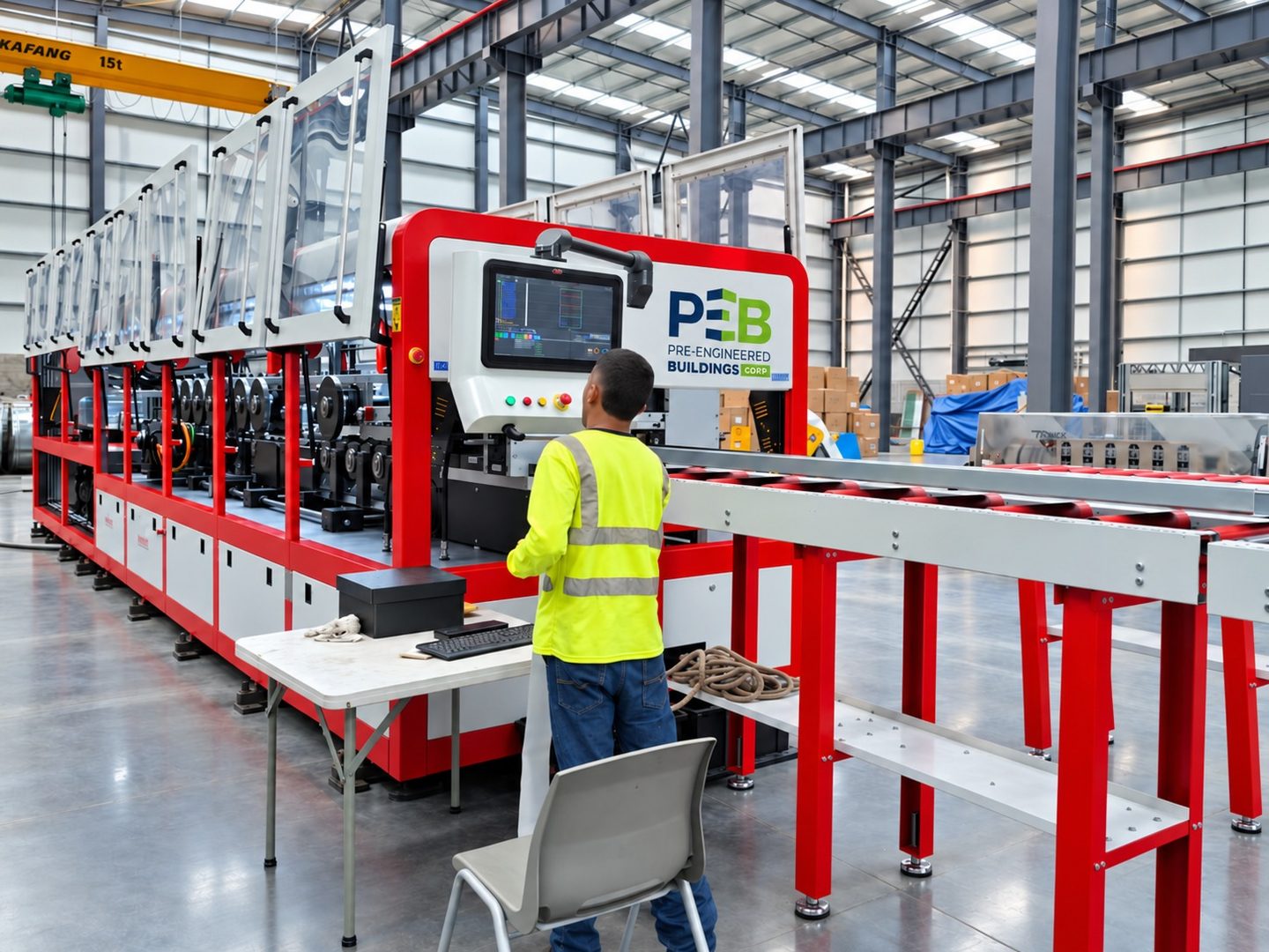 CNC cold-formed steel roll-forming line with operator at the group plant (NewCon Steel®), Centro Industrial PEB, Las Mañanitas