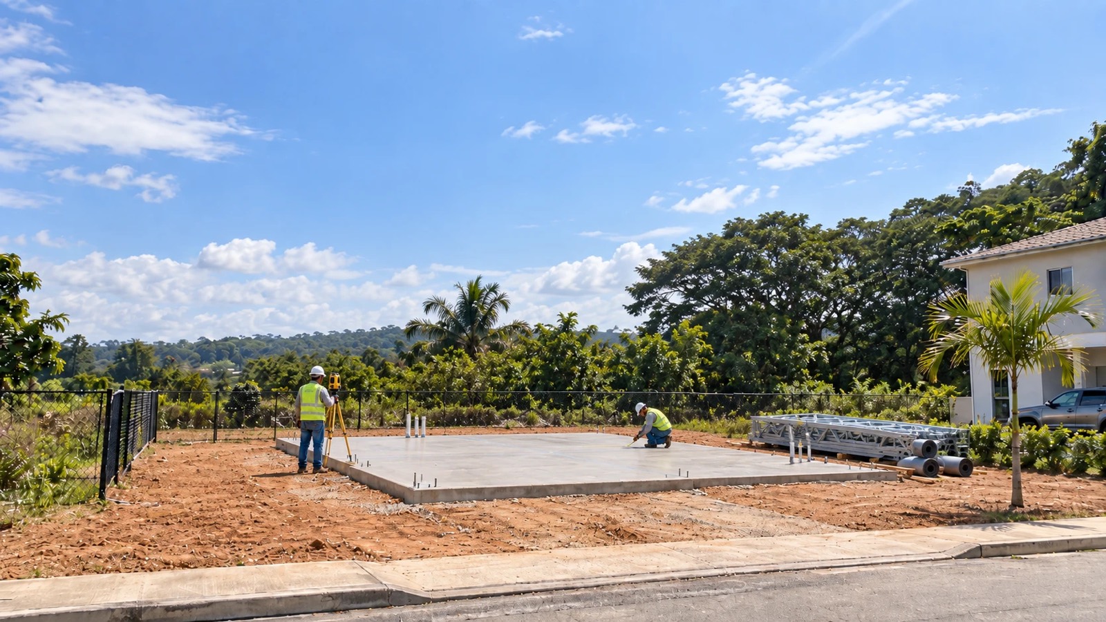 Topógrafo con equipo de nivelación y operario marcando el replanteo sobre una placa de cimentación de concreto, con cerchas de acero apiladas al lado