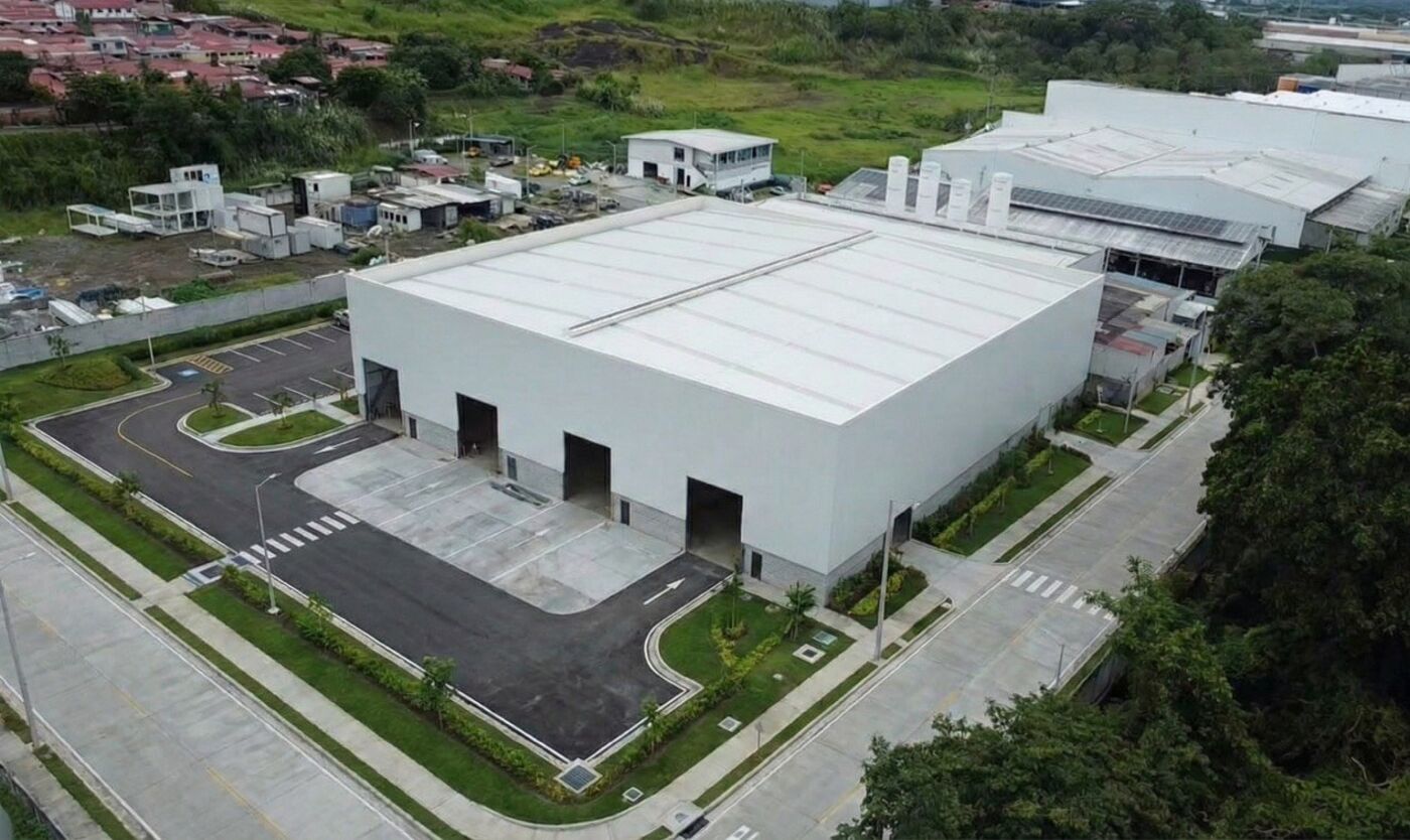 PEB CNC steel fabrication plant at Centro Industrial PEB (Las Mañanitas), Panama — aerial view.