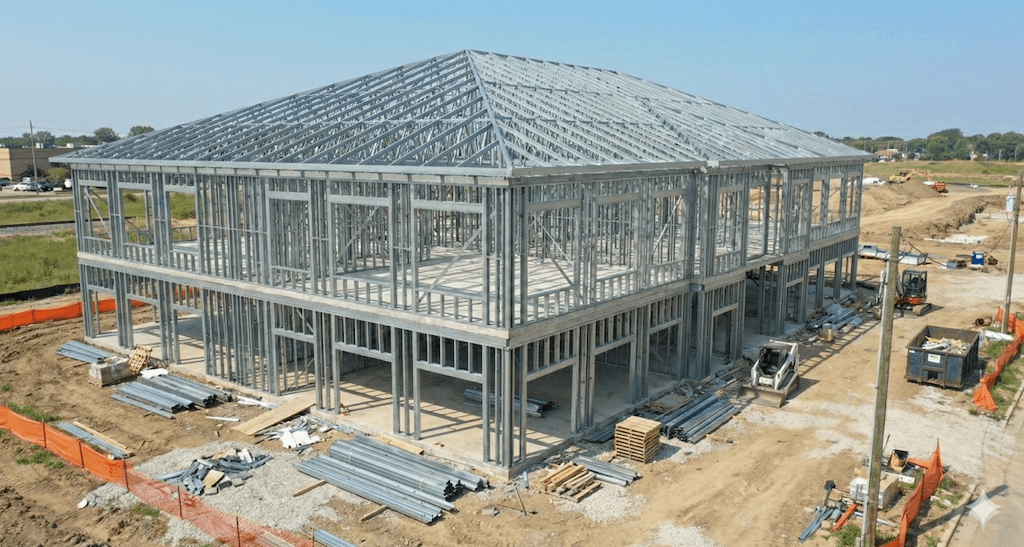 Floor and roof joist installation on two-story LGS frame.