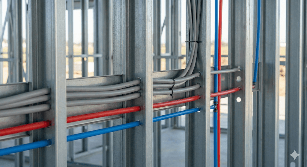Electrical wiring and plumbing passing through pre-punched LGS stud knockouts.