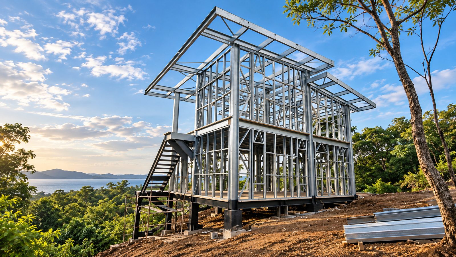 Two-story light gauge steel (LGS) home frame on a sloped lot: studs, floor joists and roof in cold-formed steel
